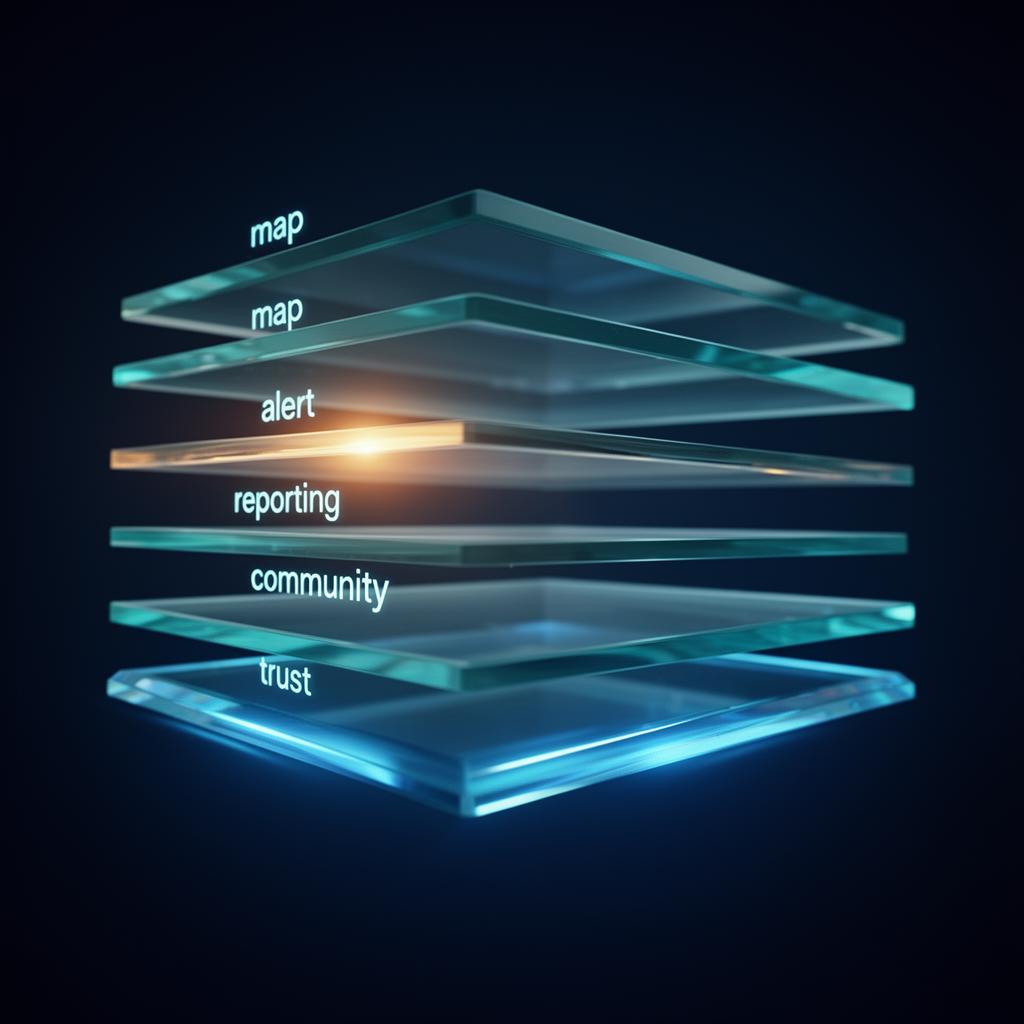 Stacked layers visualization: map, alert, reporting, community, trust